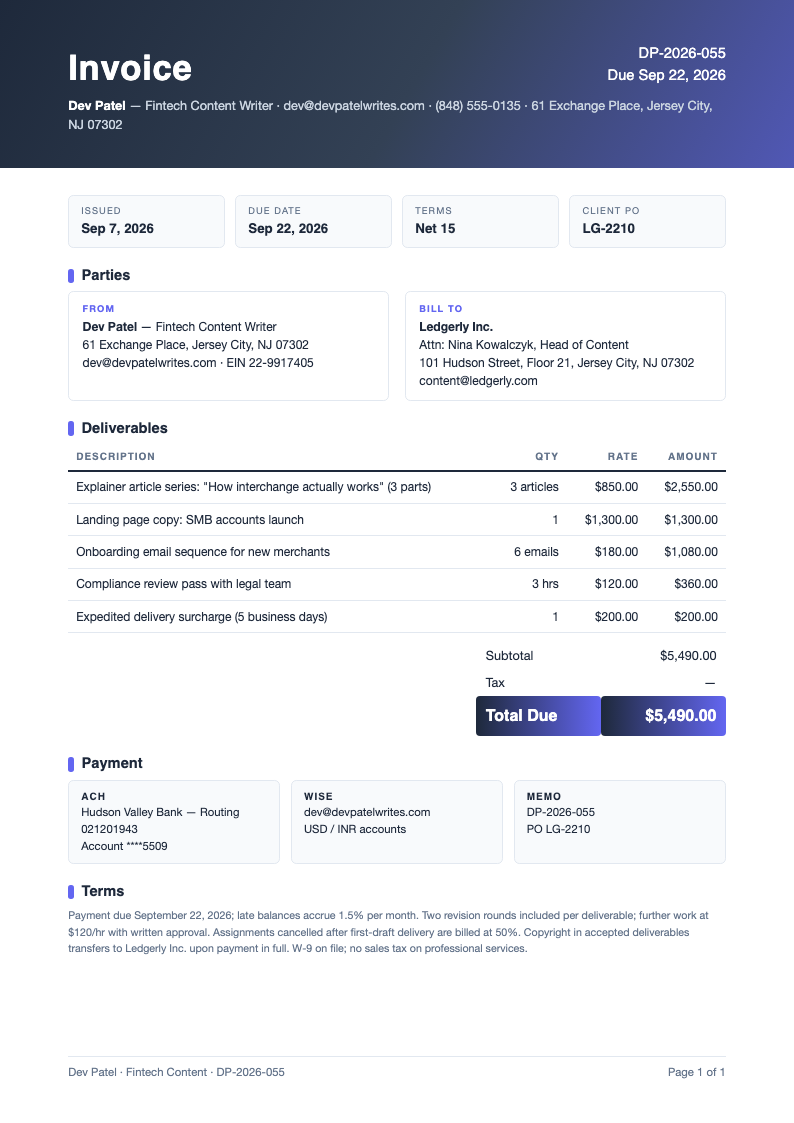 Modern gradient freelance writer invoice